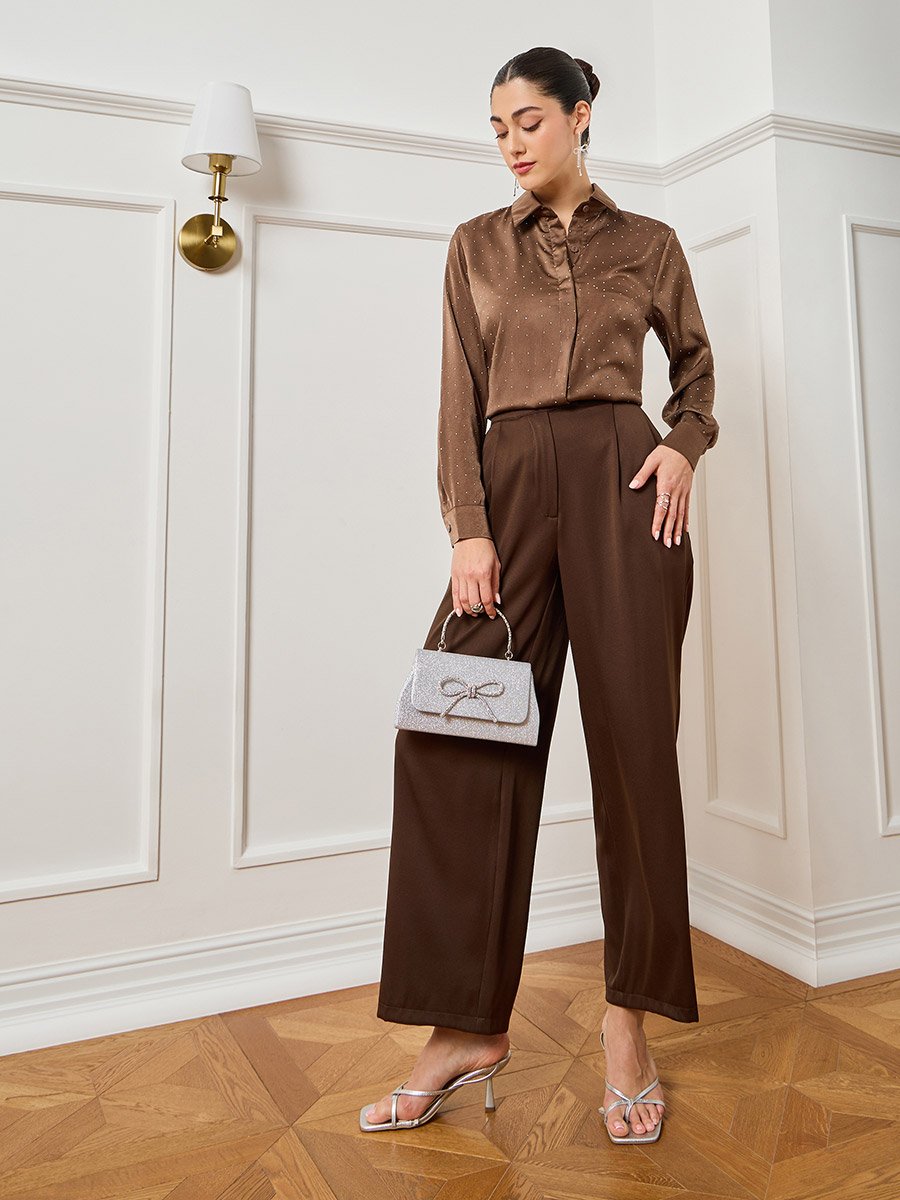 Women Brown Embellished Satin Shirt