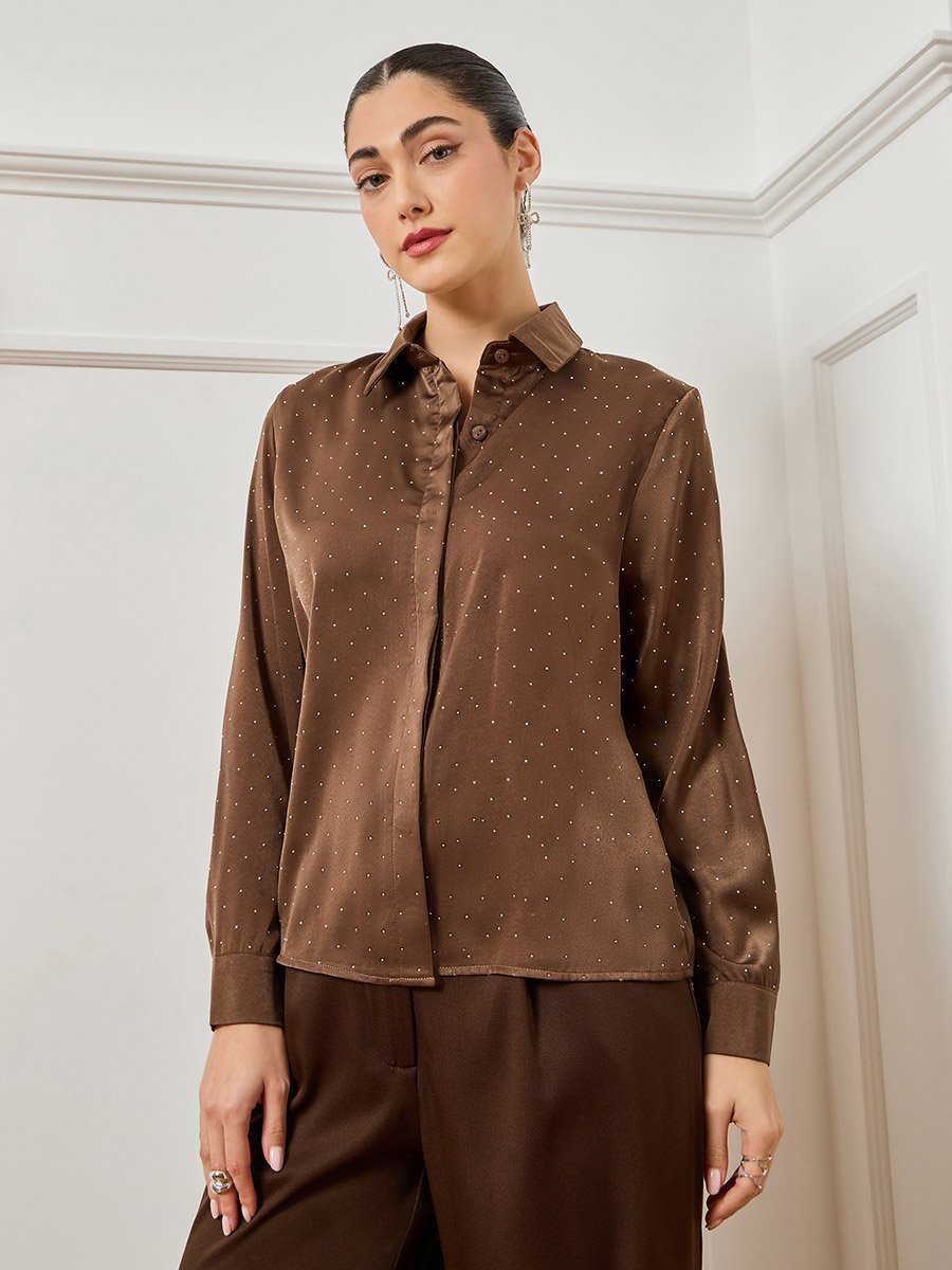 Women Brown Embellished Satin Shirt