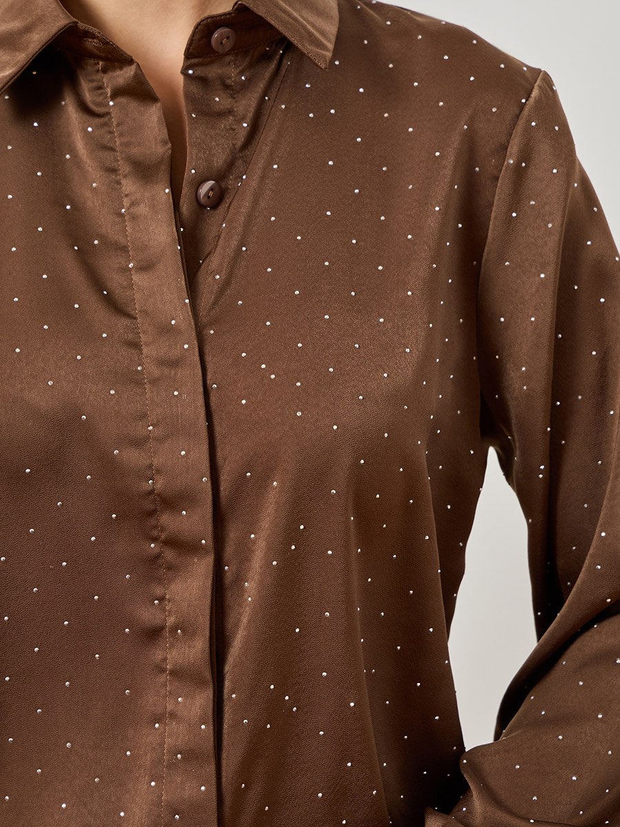 Women Brown Embellished Satin Shirt