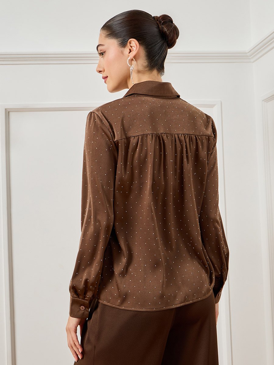 Women Brown Embellished Satin Shirt