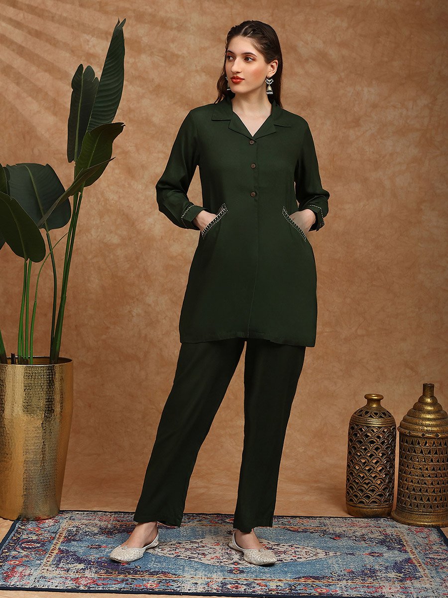 Embroidered Detail Pocket Shirt Style Tunic and Trousers Co-Ords