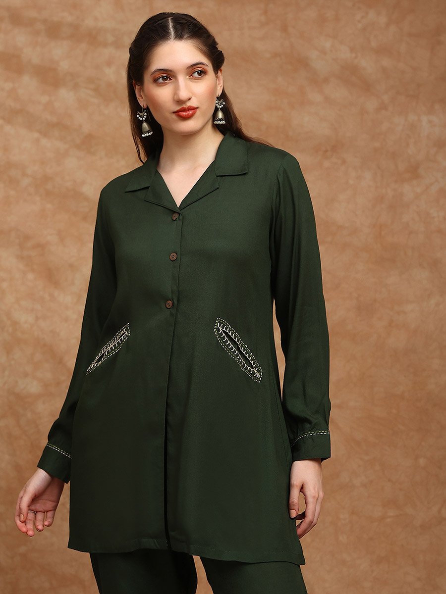 Embroidered Detail Pocket Shirt Style Tunic and Trousers Co-Ords