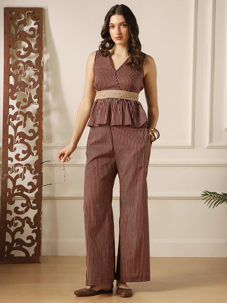 Striped Embroidered Peplum Top and Bell Bottom Pants Fusion Co-Ords