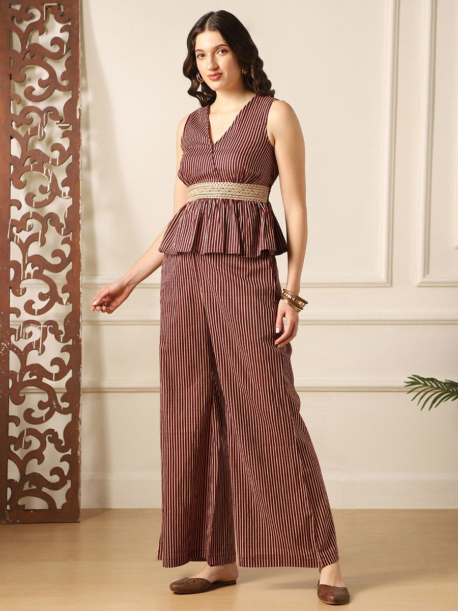 Striped Embroidered Peplum Top and Bell Bottom Pants Fusion Co-Ords