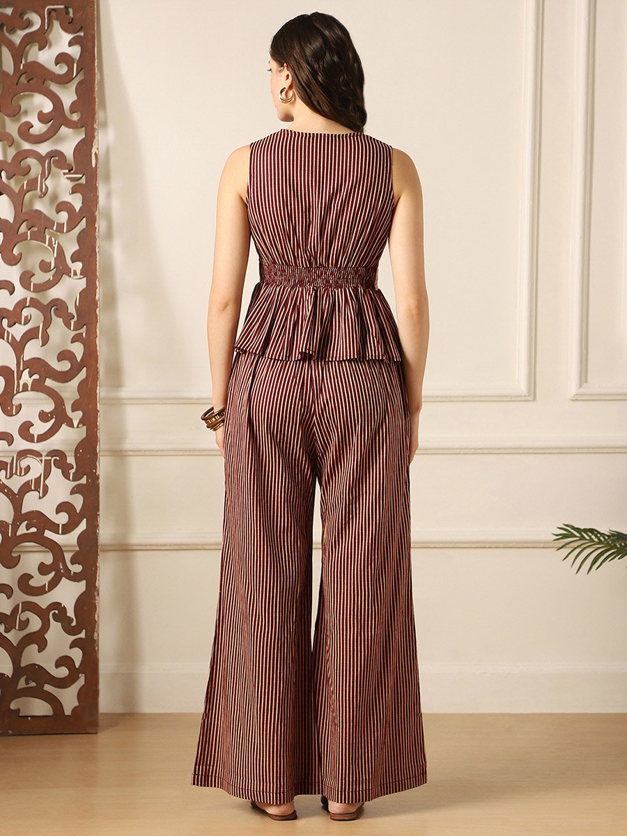 Striped Embroidered Peplum Top and Bell Bottom Pants Fusion Co-Ords