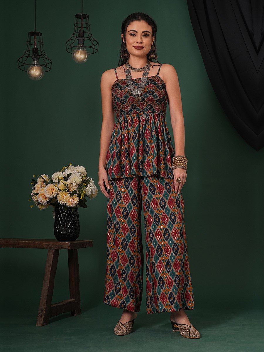 Women Indie Print Strappy Peplum Top and Palazzos Fusion Co-Ords