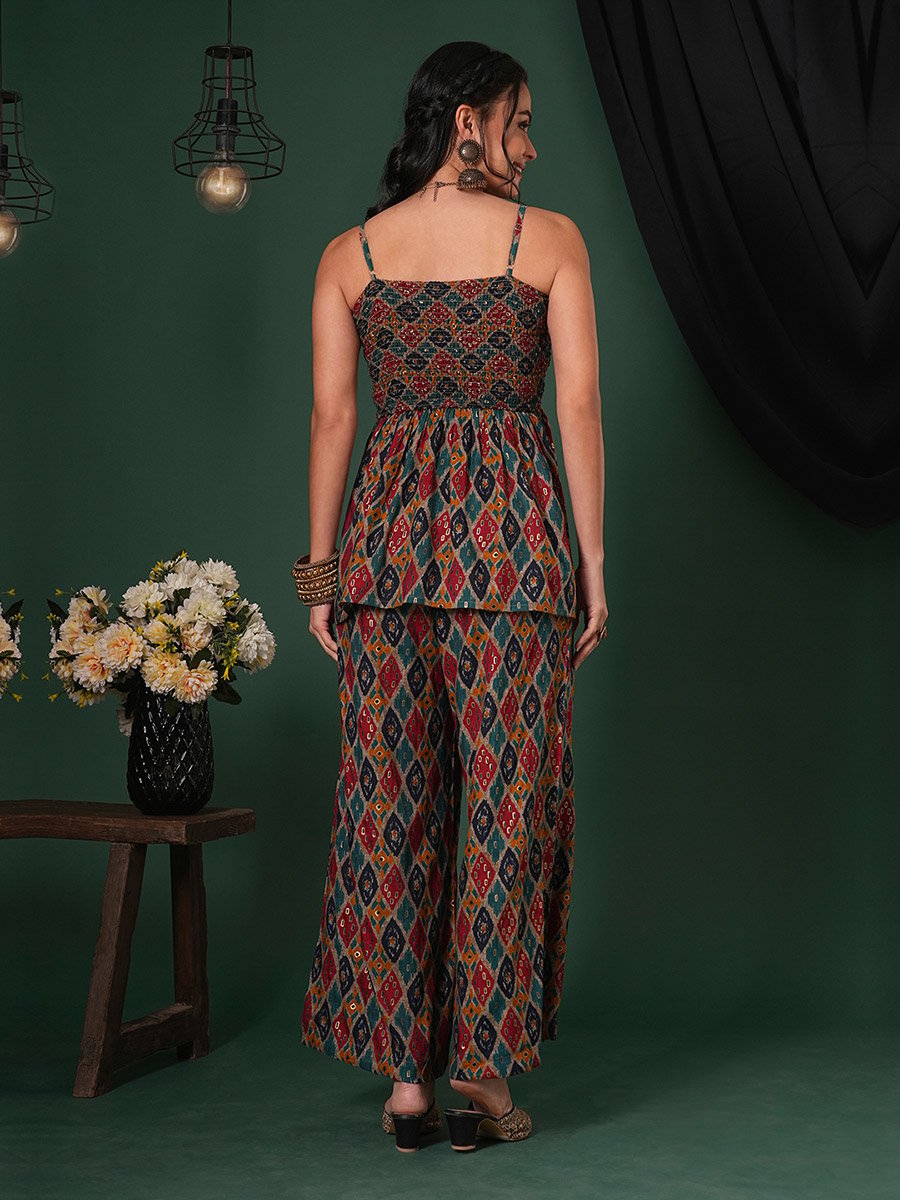 Women Indie Print Strappy Peplum Top and Palazzos Fusion Co-Ords