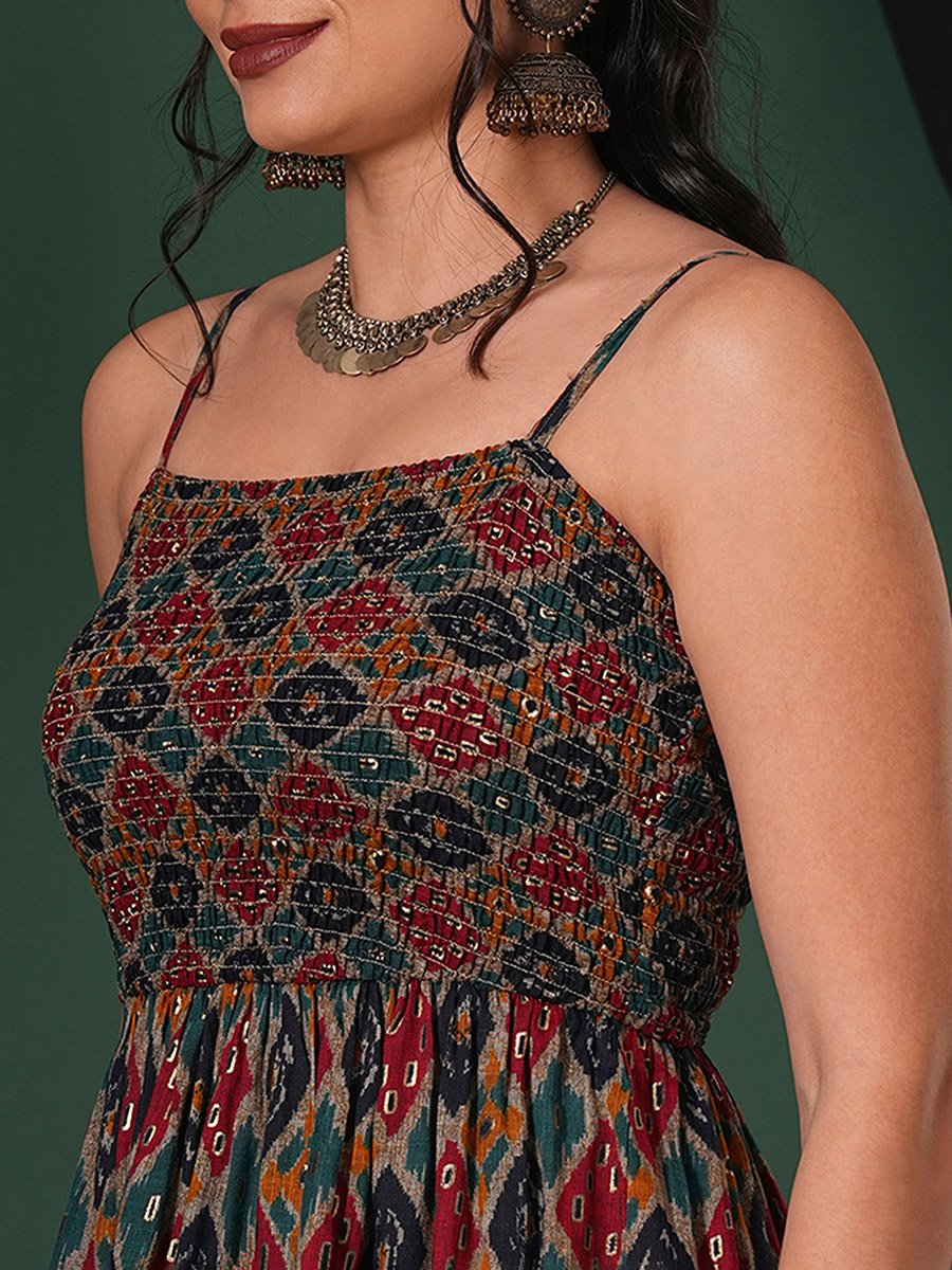 Women Indie Print Strappy Peplum Top and Palazzos Fusion Co-Ords