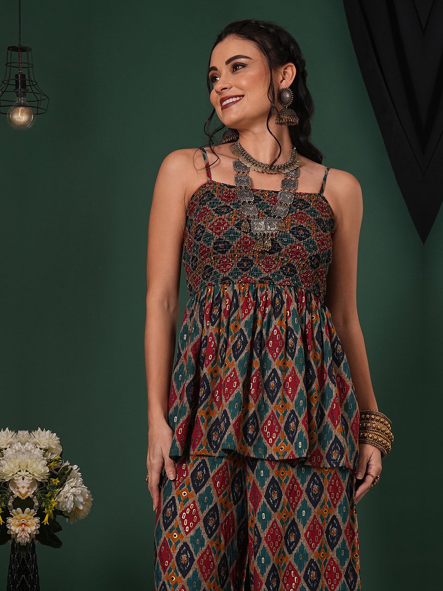 Women Indie Print Strappy Peplum Top and Palazzos Fusion Co-Ords