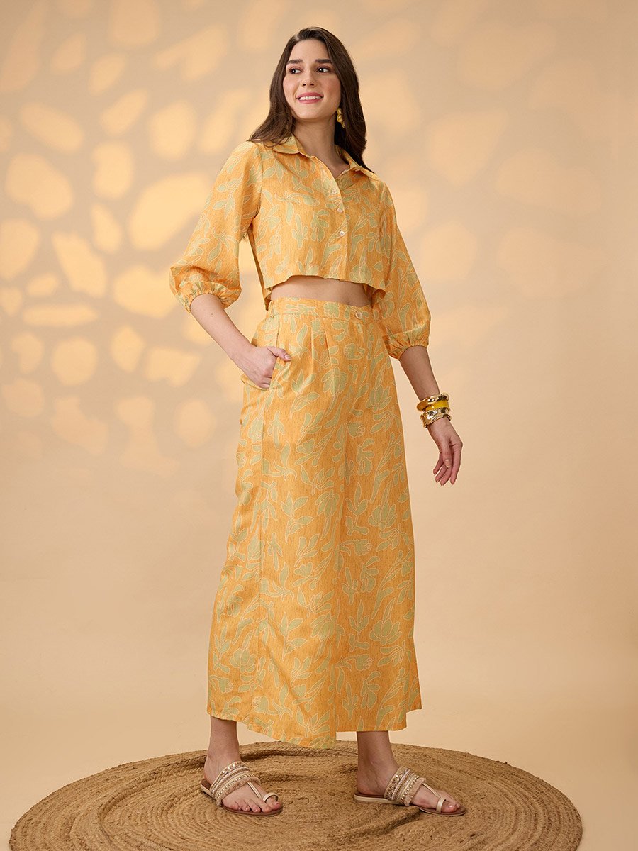 Women Printed Crop Shirt and Wide Leg Trousers Fusion Co-Ords