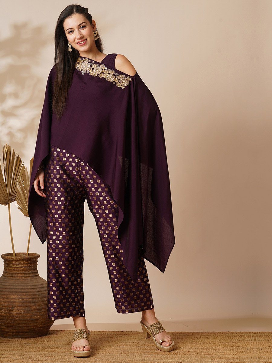 Women Boat Neck Poncho Top and Floral Gold Foil Print Pants Fusion Co-Ords