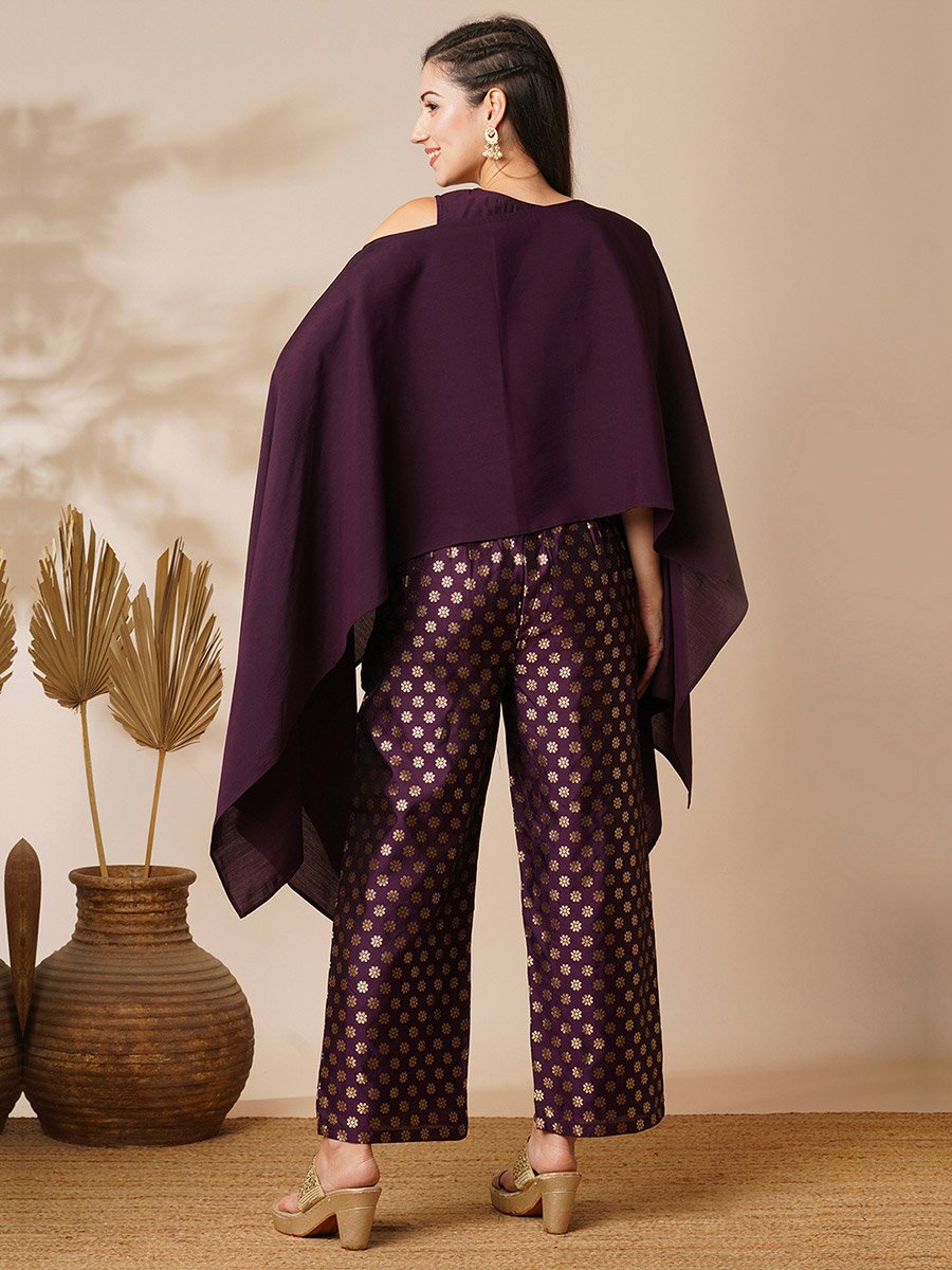 Women Boat Neck Poncho Top and Floral Gold Foil Print Pants Fusion Co-Ords