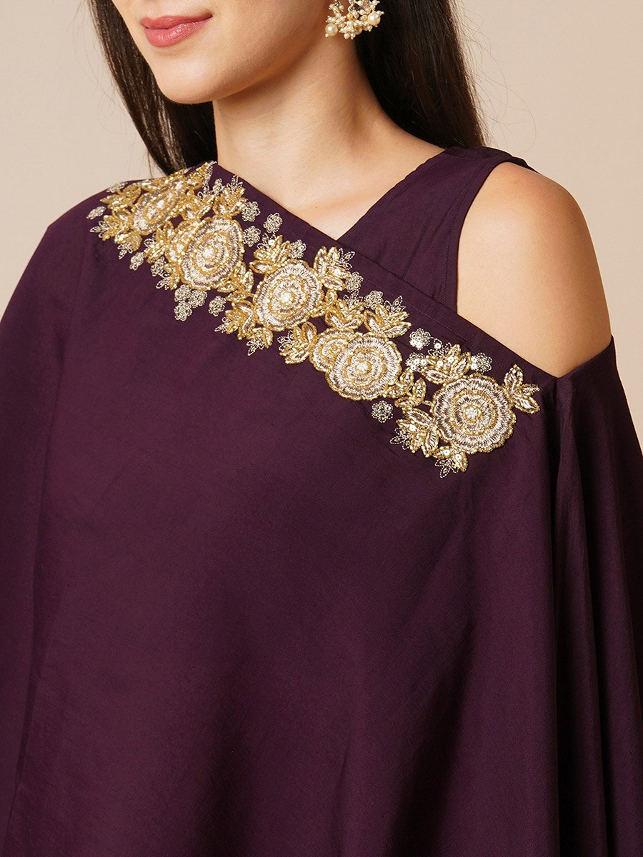 Women Boat Neck Poncho Top and Floral Gold Foil Print Pants Fusion Co-Ords