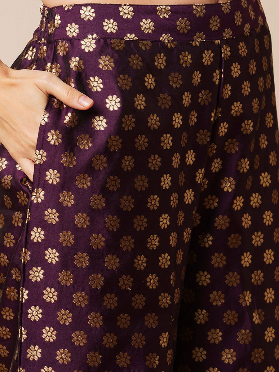 Women Boat Neck Poncho Top and Floral Gold Foil Print Pants Fusion Co-Ords