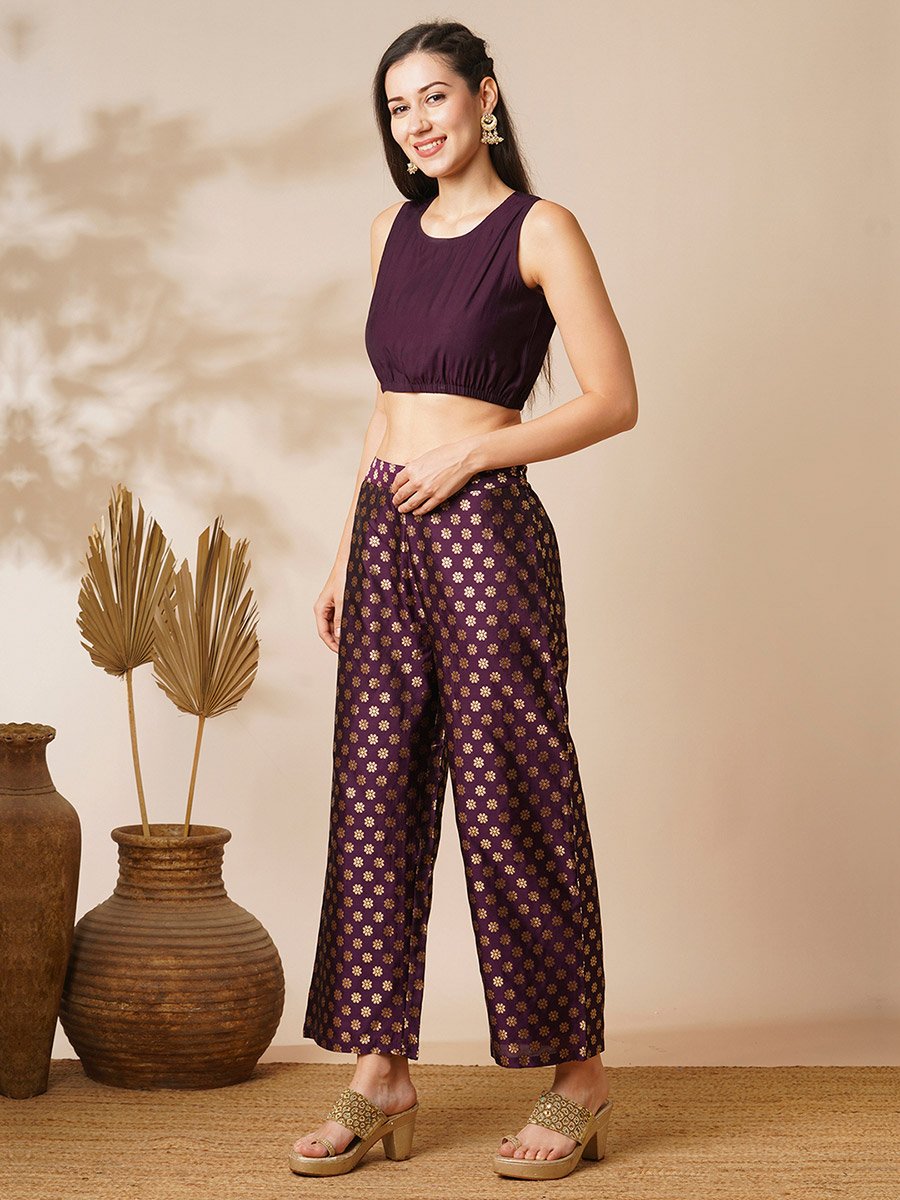 Women Boat Neck Poncho Top and Floral Gold Foil Print Pants Fusion Co-Ords