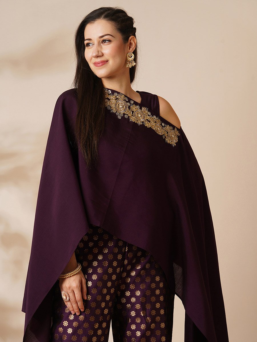 Women Boat Neck Poncho Top and Floral Gold Foil Print Pants Fusion Co-Ords