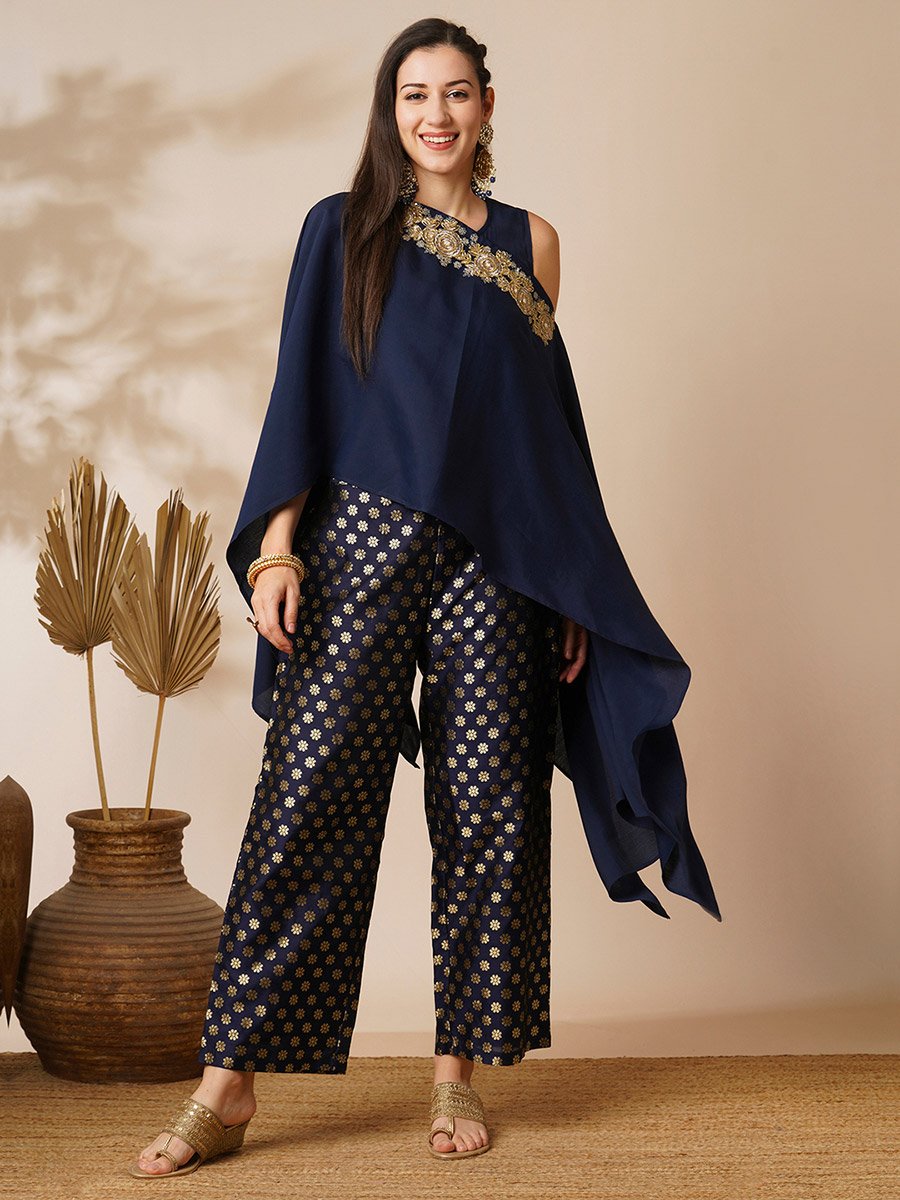 Women Lace Patch Poncho Top and Foil Print Pants Fusion Co-Ords