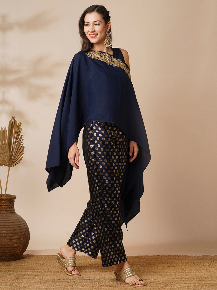 Women Lace Patch Poncho Top and Foil Print Pants Fusion Co-Ords