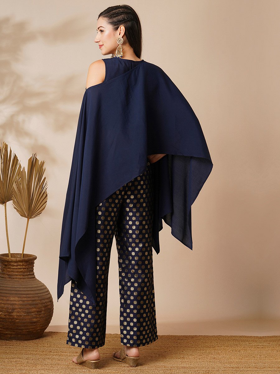 Women Lace Patch Poncho Top and Foil Print Pants Fusion Co-Ords