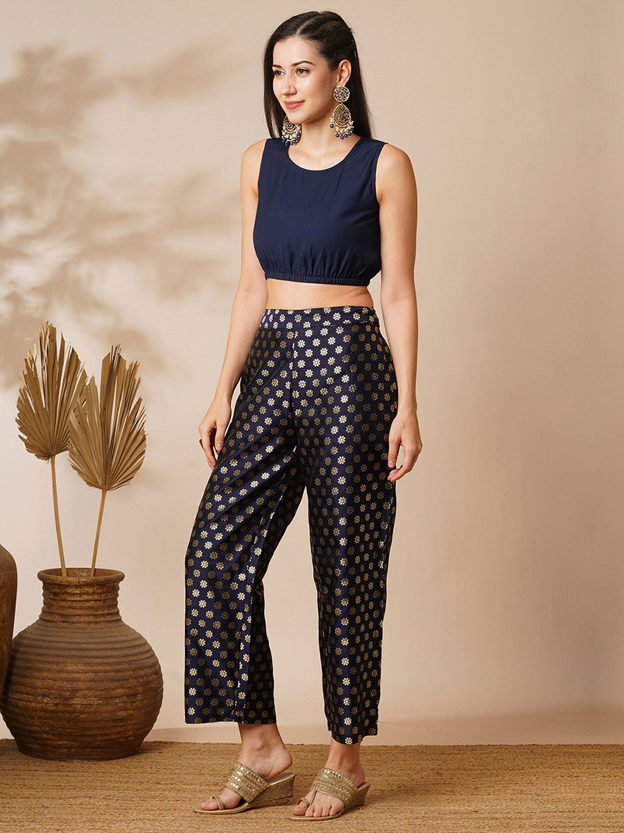 Women Lace Patch Poncho Top and Foil Print Pants Fusion Co-Ords