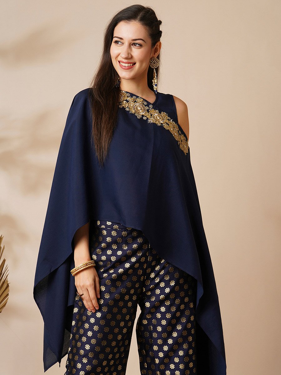 Women Lace Patch Poncho Top and Foil Print Pants Fusion Co-Ords