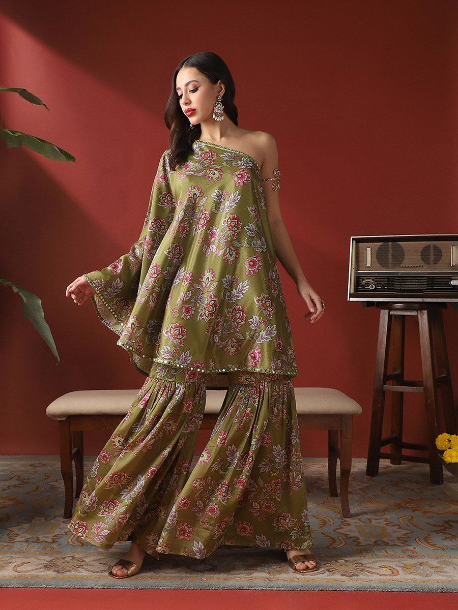 Women Floral Mirror Detail One Shoulder Top and Sharara Festive Co-Ords