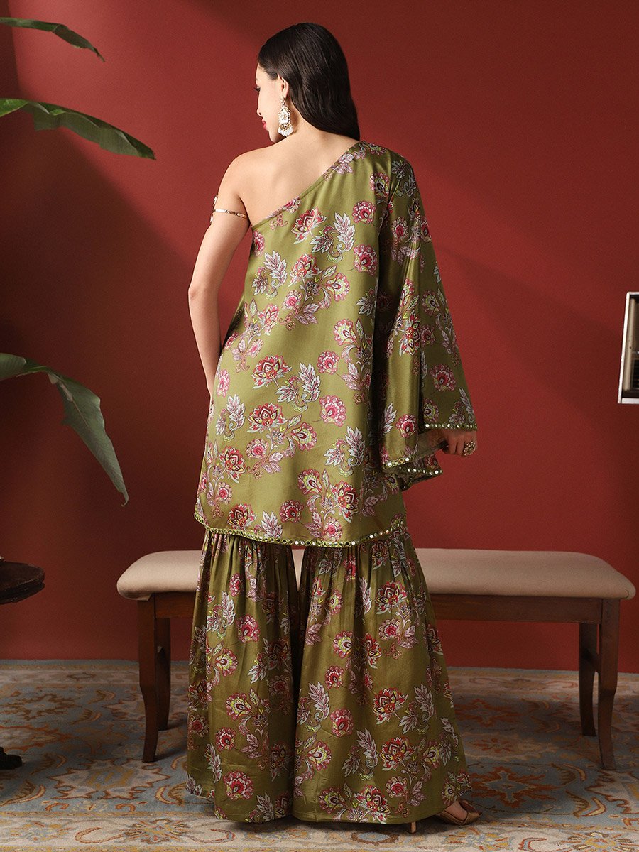 Women Floral Mirror Detail One Shoulder Top and Sharara Festive Co-Ords