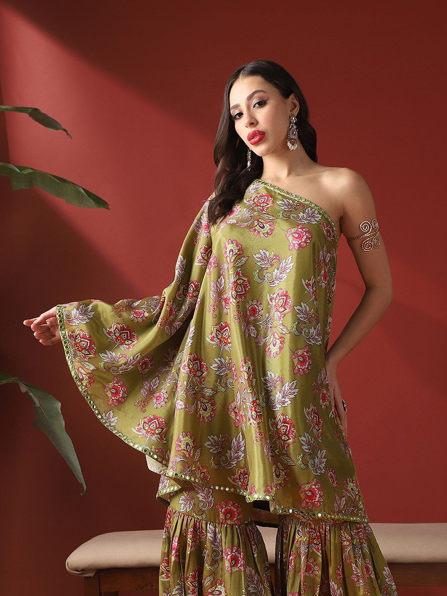 Women Floral Mirror Detail One Shoulder Top and Sharara Festive Co-Ords