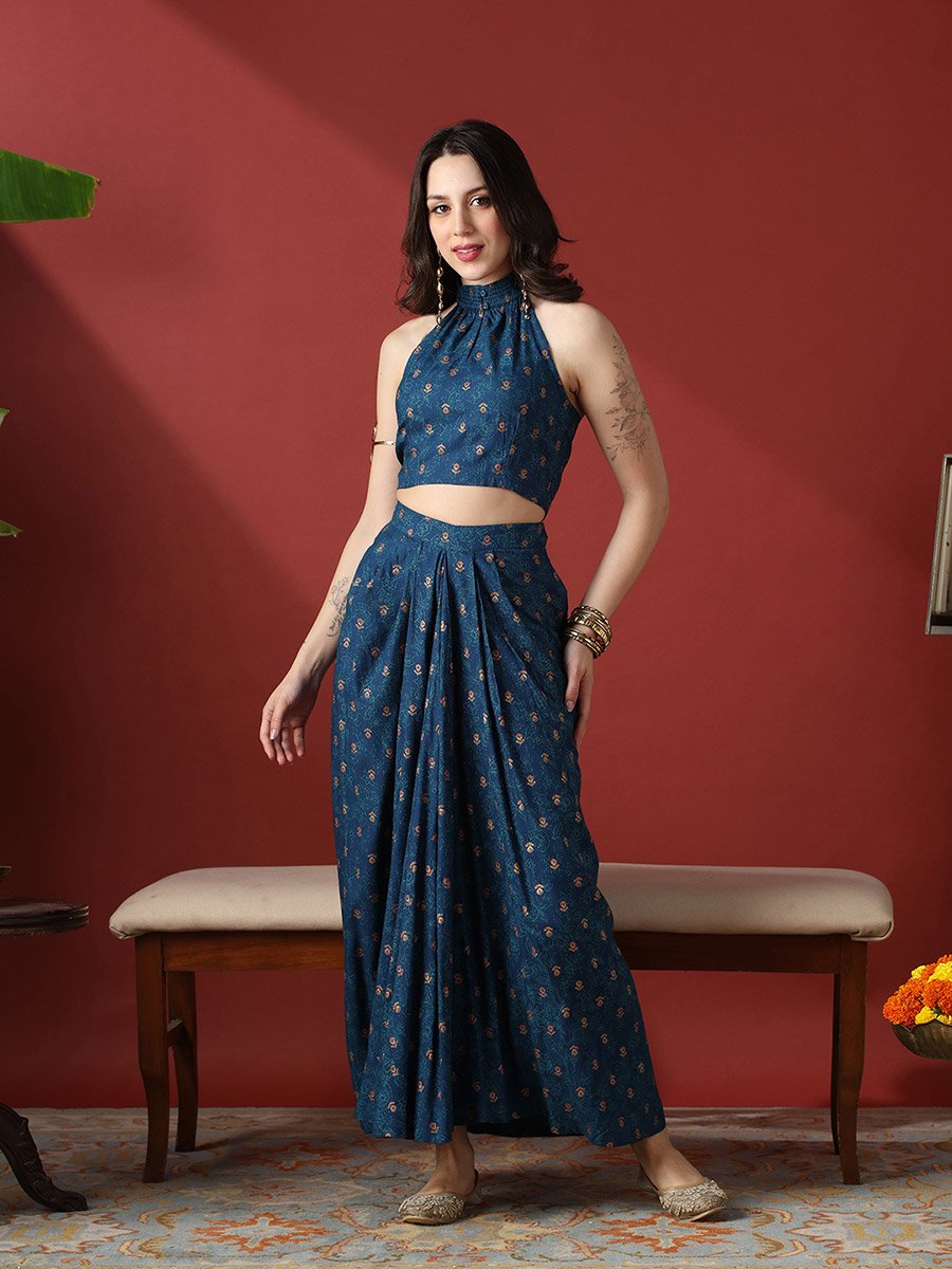 Women Halter Neck Crop Top and Pleated Maxi Skirt Fusion Co-Ords