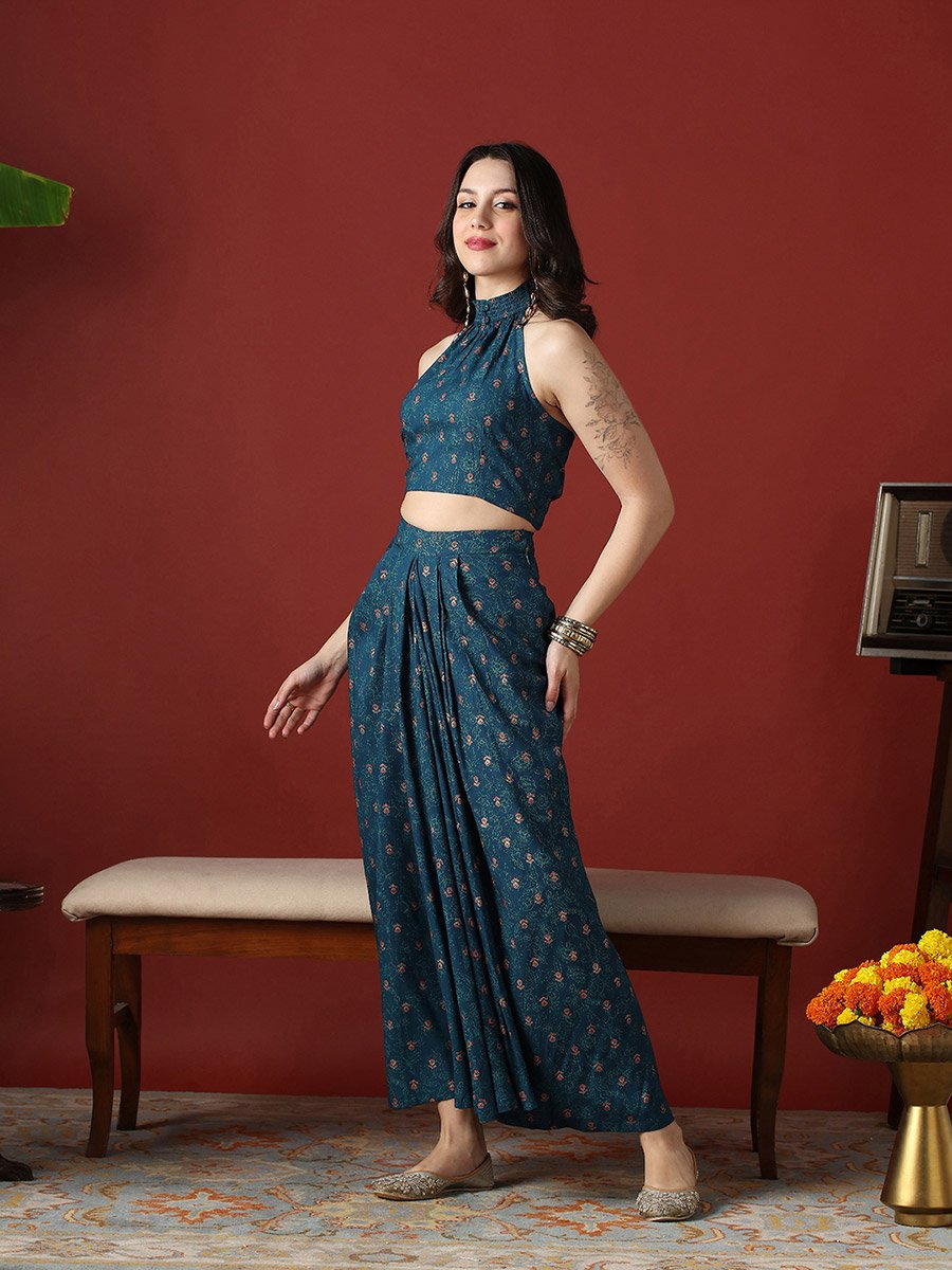 Women Halter Neck Crop Top and Pleated Maxi Skirt Fusion Co-Ords