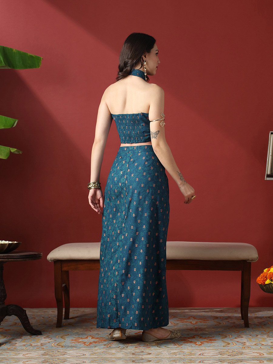 Women Halter Neck Crop Top and Pleated Maxi Skirt Fusion Co-Ords