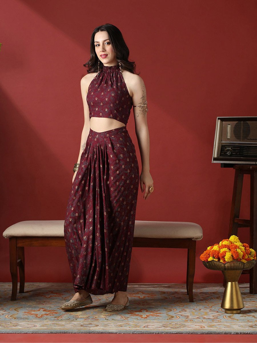 Women Halter Neck Crop Top and Pleated Maxi Skirt Fusion Co-Ords