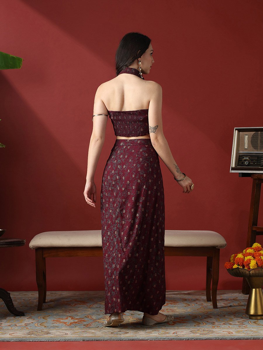 Women Halter Neck Crop Top and Pleated Maxi Skirt Fusion Co-Ords