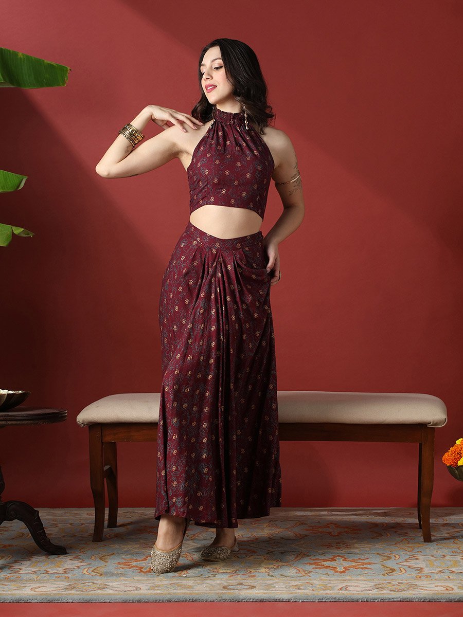 Women Halter Neck Crop Top and Pleated Maxi Skirt Fusion Co-Ords