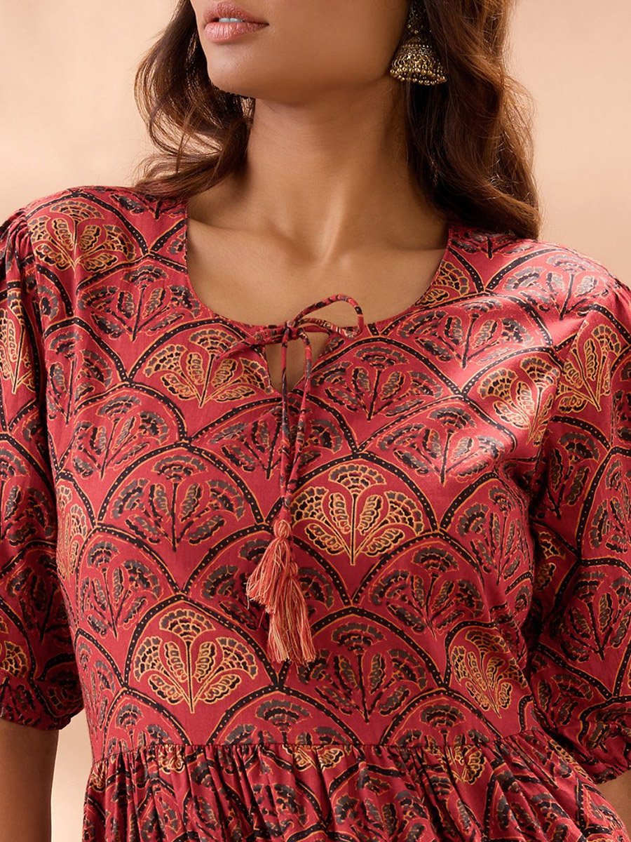 Puff Sleeves Ethnic Print A-Line Midi Dress