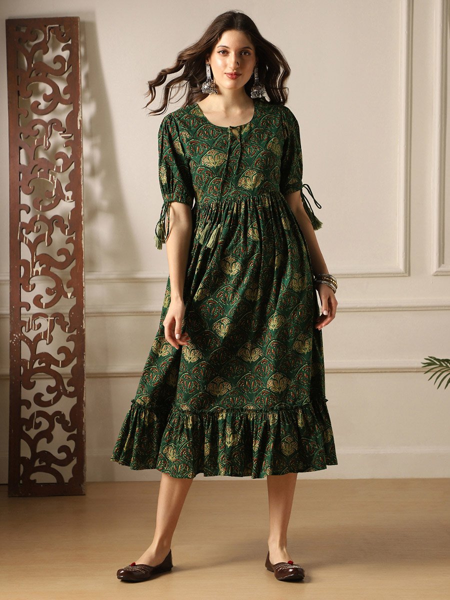 Puff Sleeves Ethnic Print A-Line Midi Dress