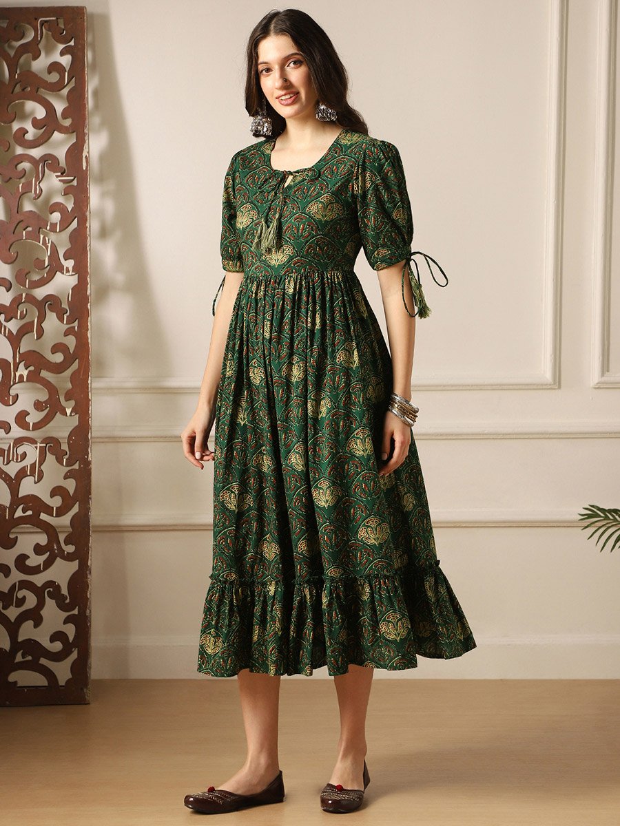 Puff Sleeves Ethnic Print A-Line Midi Dress