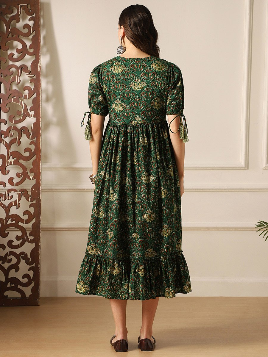 Puff Sleeves Ethnic Print A-Line Midi Dress