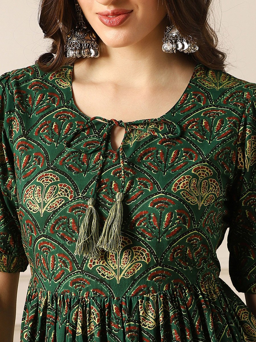 Puff Sleeves Ethnic Print A-Line Midi Dress