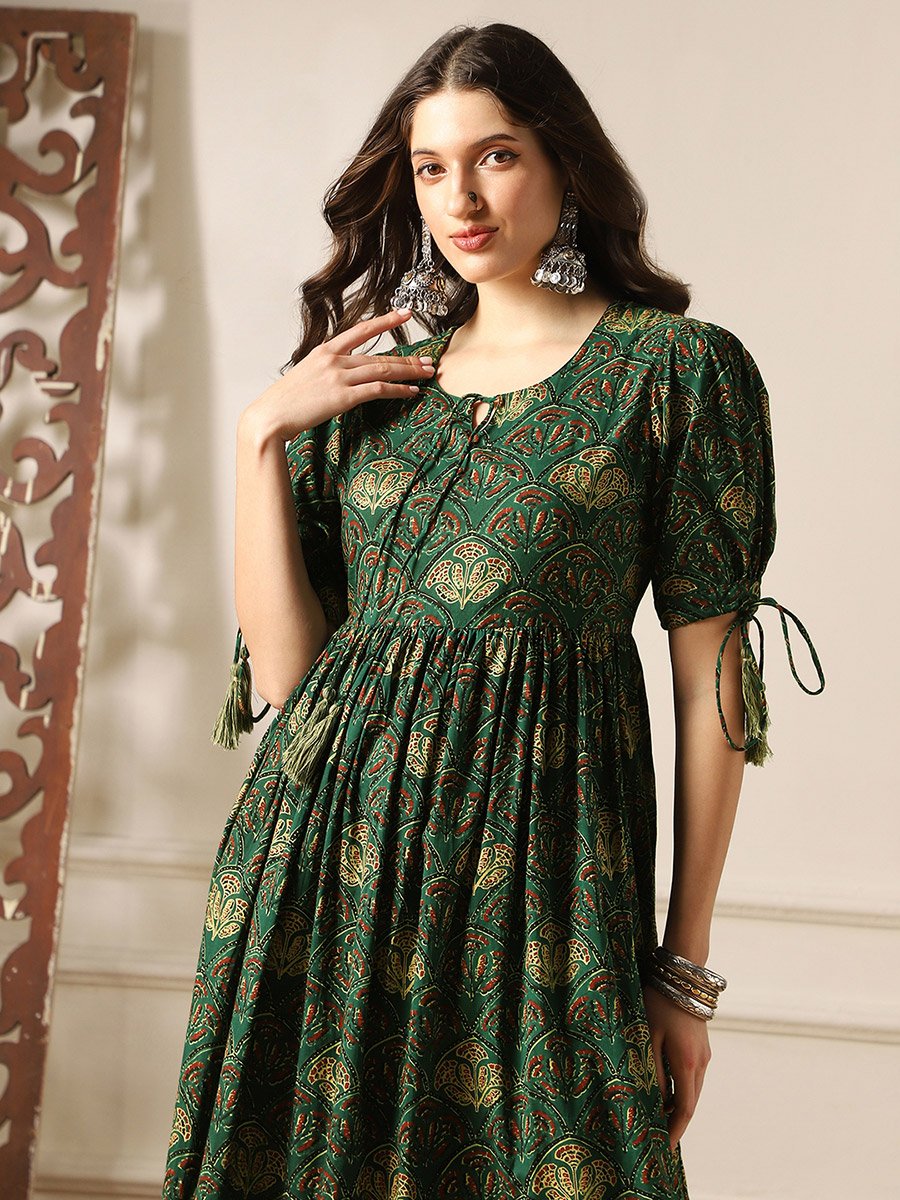 Puff Sleeves Ethnic Print A-Line Midi Dress