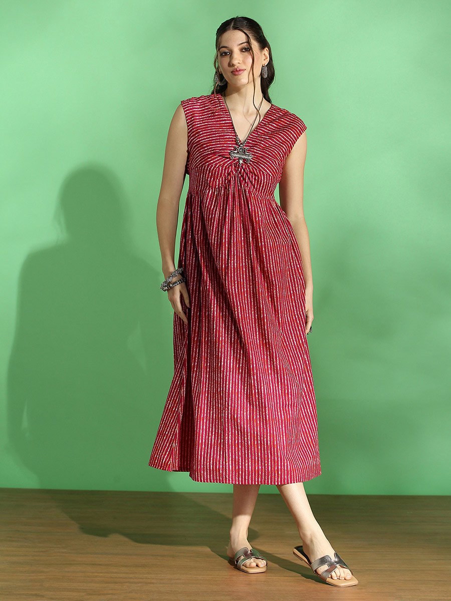 Stripe Twisted V Neck Midi Fusion Dress