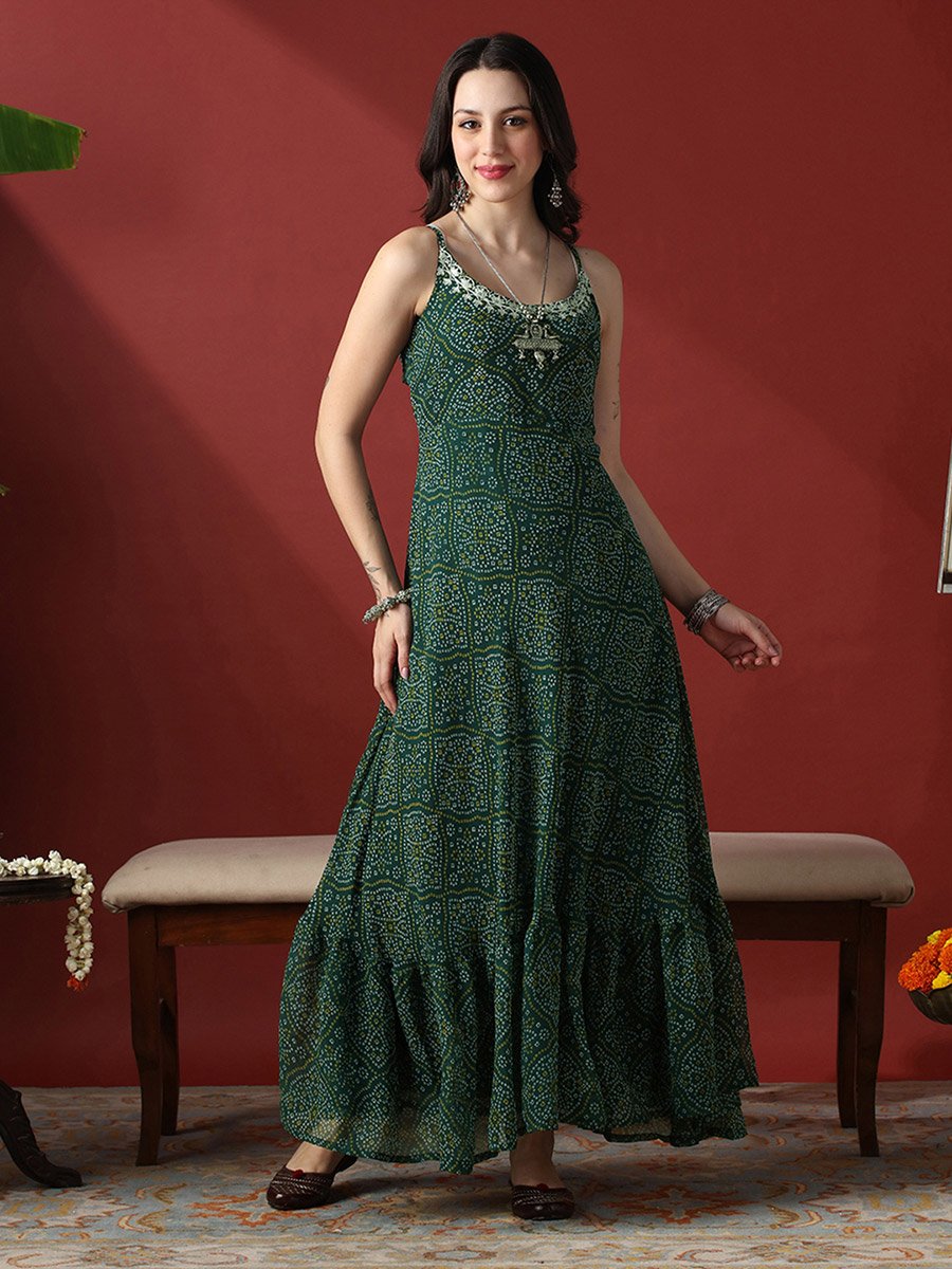 Tie Back Detail Bandhani Georgette Festive Maxi Dress