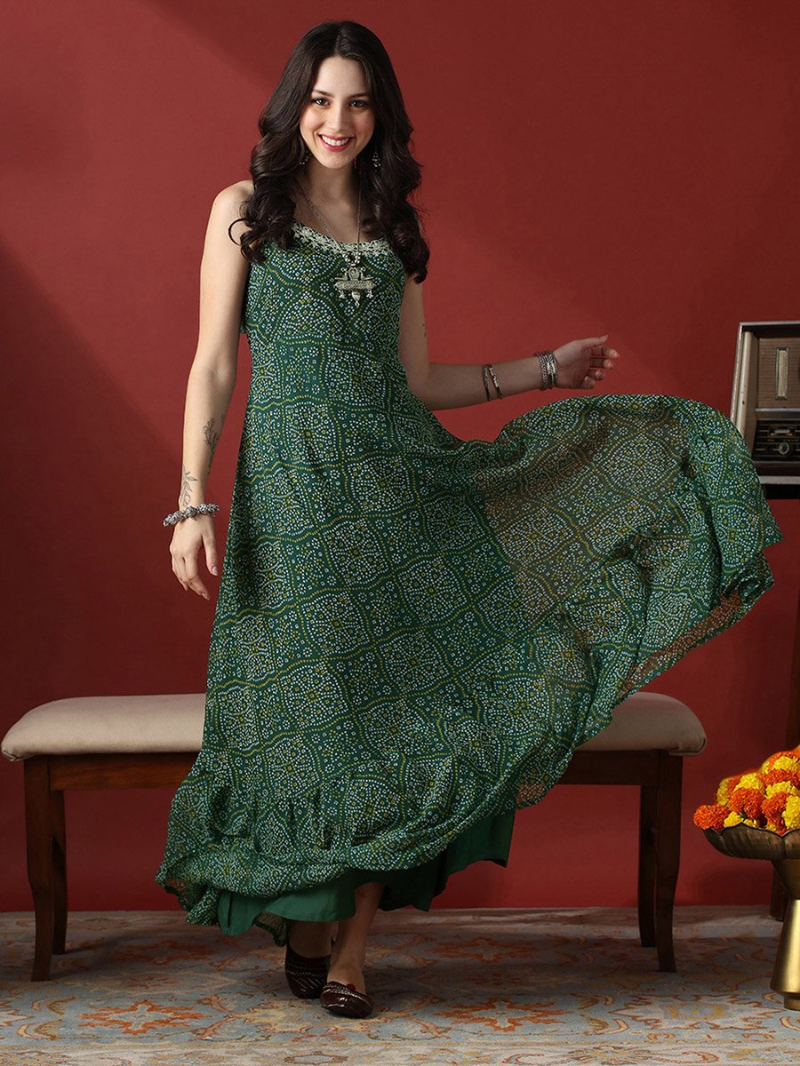 Tie Back Detail Bandhani Georgette Festive Maxi Dress For Women at UAE | Styli Tie Back Detail Bandhani Georgette Festive Maxi Dress For Women at UAE | Styli