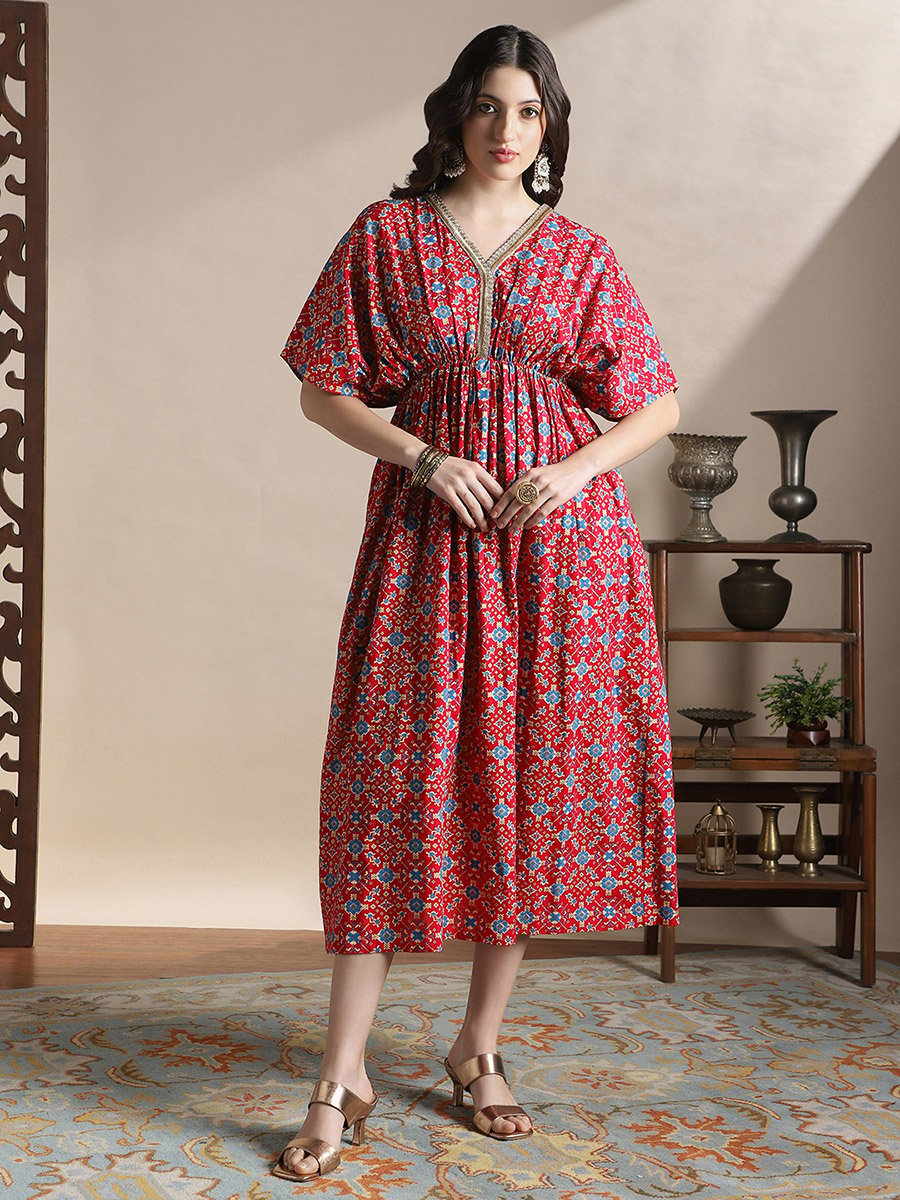Kimono Sleeves Ethnic Print Midi Fusion Dress For Women at UAE | Styli