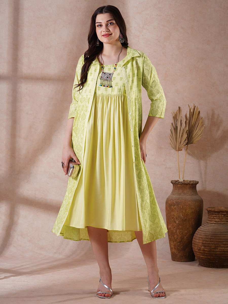 Strappy Midi Ethnic Dress and Shirt Style Printed Shrug Co-Ords