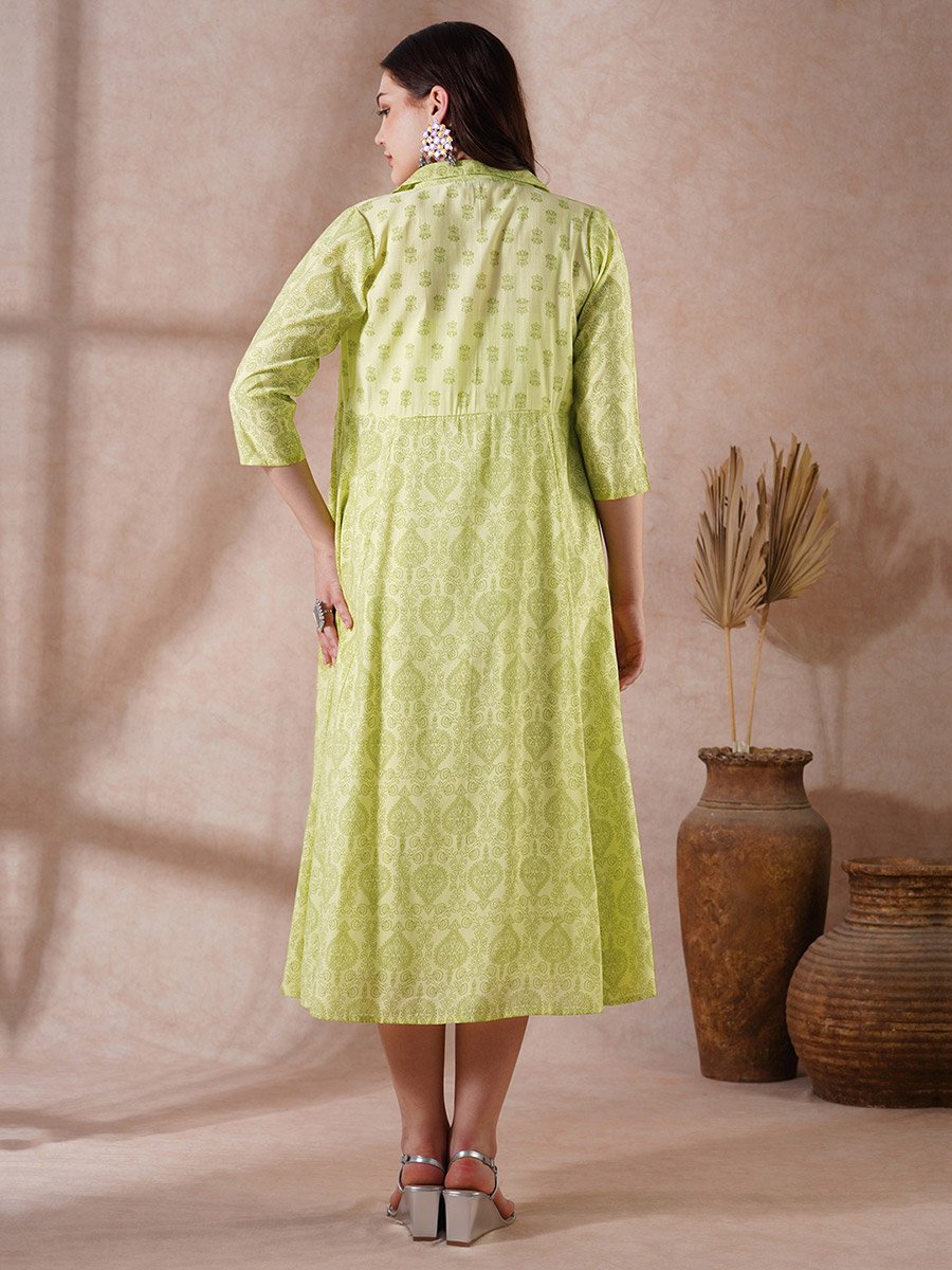 Strappy Midi Ethnic Dress and Shirt Style Printed Shrug Co-Ords