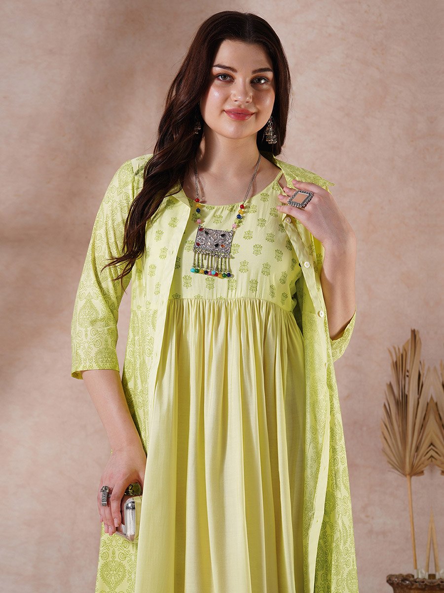 Strappy Midi Ethnic Dress and Shirt Style Printed Shrug Co-Ords