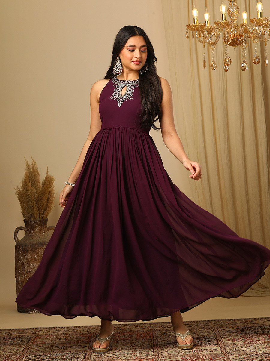 Zari Embroidered Keyhole Detail Fusion Maxi Dress