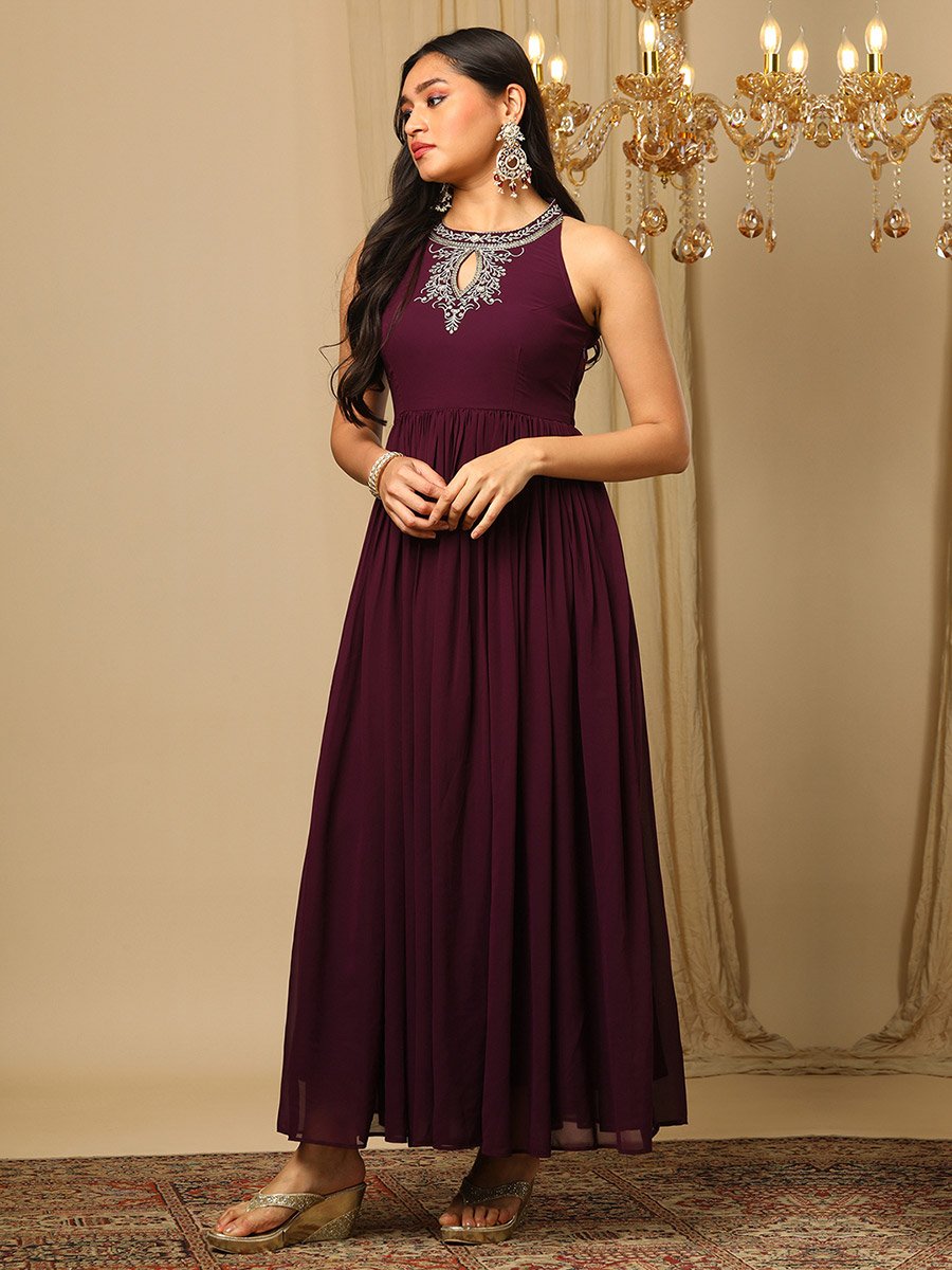 Zari Embroidered Keyhole Detail Fusion Maxi Dress