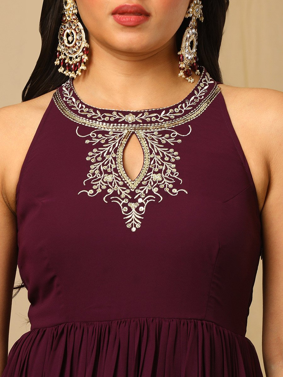 Zari Embroidered Keyhole Detail Fusion Maxi Dress